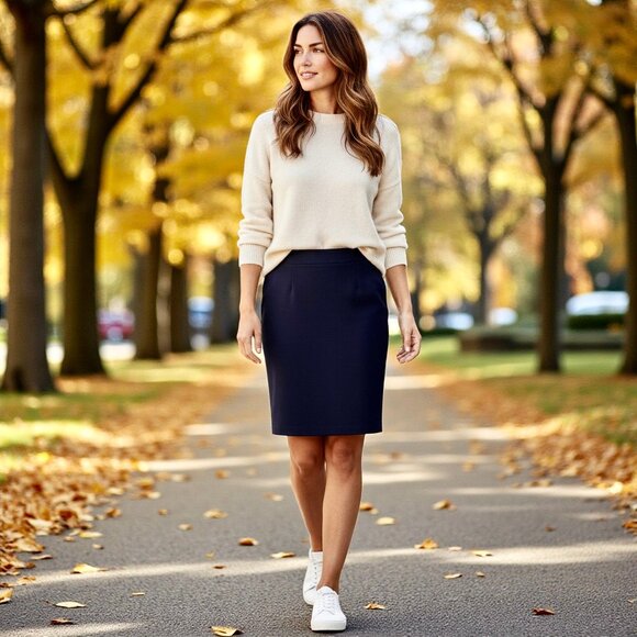 Eileen Fisher Black Pencil Skirt Pull On Stretch Knee Length Kick Pleat - Picture 1 of 9